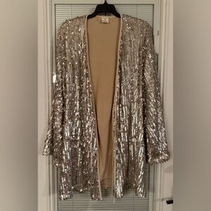 By Together Silver Sequined Long Flare Sleeve Long Line Cardigan Dress Medium